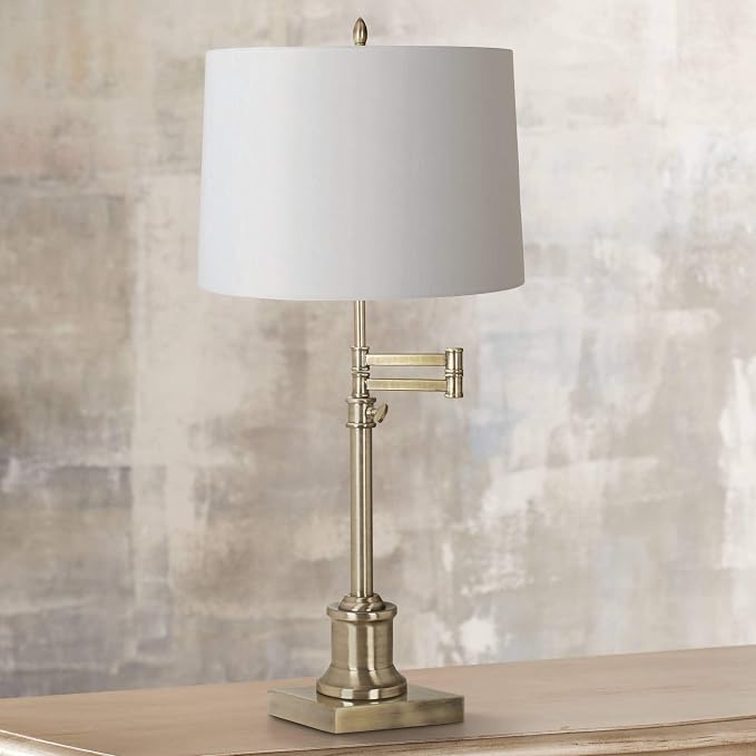 360 Lighting Westbury Traditional Swing Arm Desk Table Lamp Adjustable Height 36" Tall Antique Brass White Hardback Drum Shade for Living Room Bedroom House Bedside Nightstand Home Office