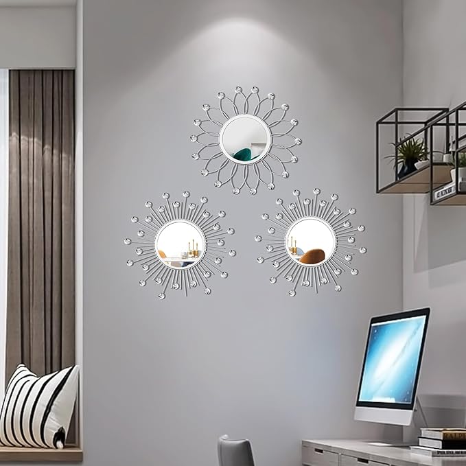3 Pack Metal Mirrors for Wall Sunburst Wall Mirrors Home Décor Decorative Hanging Wall Art for Living Room Bedroom Entryway (Silver Crystal, Flower+Sunburst)