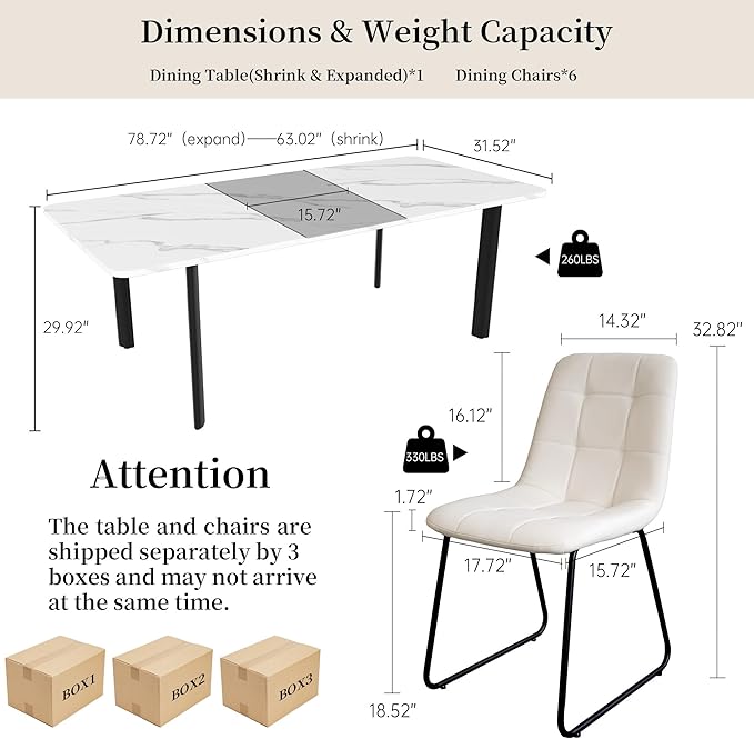 Extendable Dining Table Set for 6-8 People, 63 to 78.7 Inch MDF Kitchen Table with 6 Upholstered Chairs, Space-Saving for Dining Room, Breakfast Nook(White Table & 6 U-Shaped White Chairs)