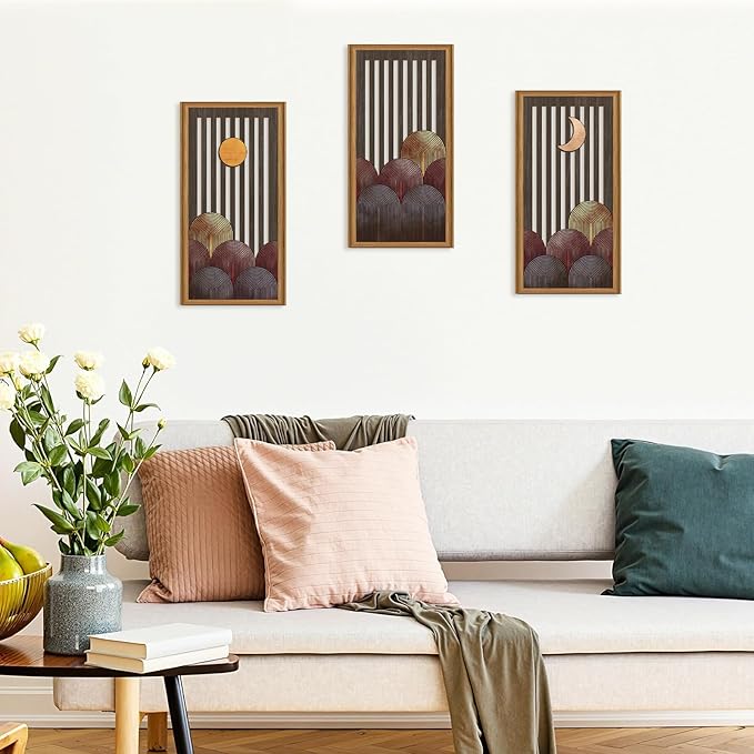 Celestdeco 3 Pcs Boho Mountain Wooden Wall Art Minimalist Geometric Artwork Pine Tree Sunrise Wood Wall Decor Bohemian Forest Hanging Decor for Living Room Bedroom Office 7.9 x15.8 Inch