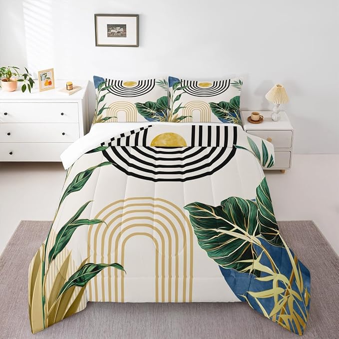 Erosebridal Navy Blue Boho Comforter Full Abstract Light Blue Mid Century Bedding Set Tropical Plant Minimalist Bedding for Kids Boys Girls Modern Geometric Aesthetic Duvet Insert 3Pcs Room Decor