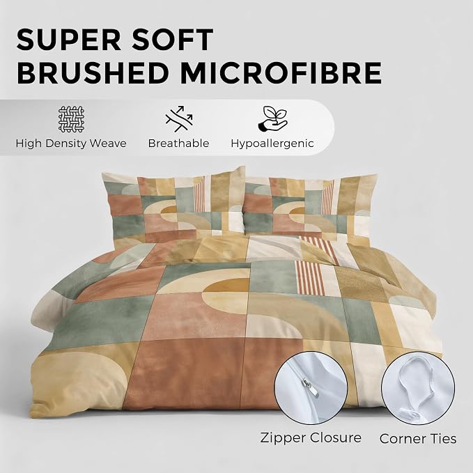 Mid Century Modern Duvet Cover Oversized King Size, Abstract Geometry Bedding Set 3 pcs with 2 Pillow Covers, Mid Century Bedroom Decor, Soft Microfiber Reversible, Zipper & Ties KJJT 81