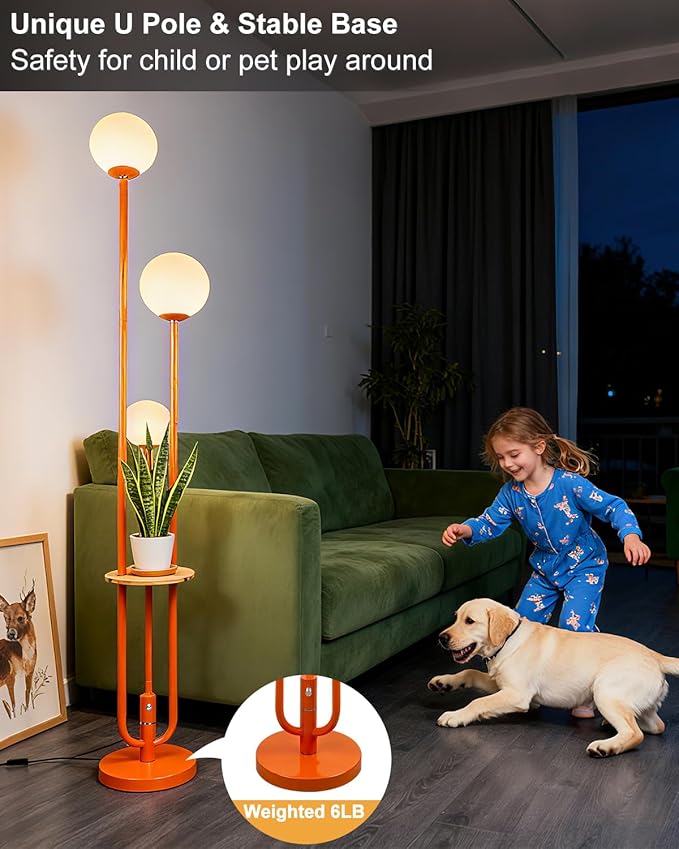 Lightdot 63IN Orange Floor Lamp with Shelf Mid Century Modern Tall Standing Lamps with 3000K Warm White Bulb Included Dimmable Globe Floor Lamp for Living Room/Party/Sofa Beside/Corner Decor
