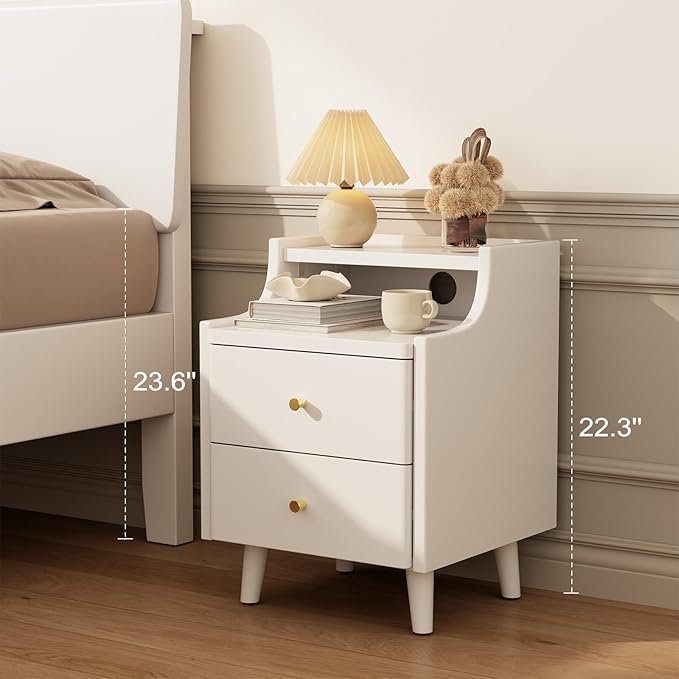 Narrow Nightstand with 2 Drawers,White Nightstand,Bedside Table,Solid Wood Modern Bedside Table for Bedroom,Study,Toilet