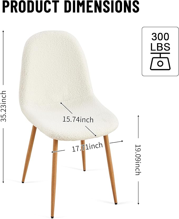 Faux Fur Dining Chairs Set of 4, Modern Upholstered Dining Room Chairs with Oak Look Foiled Steel Legs, Armless Kitchen Chairs for Living Room, White