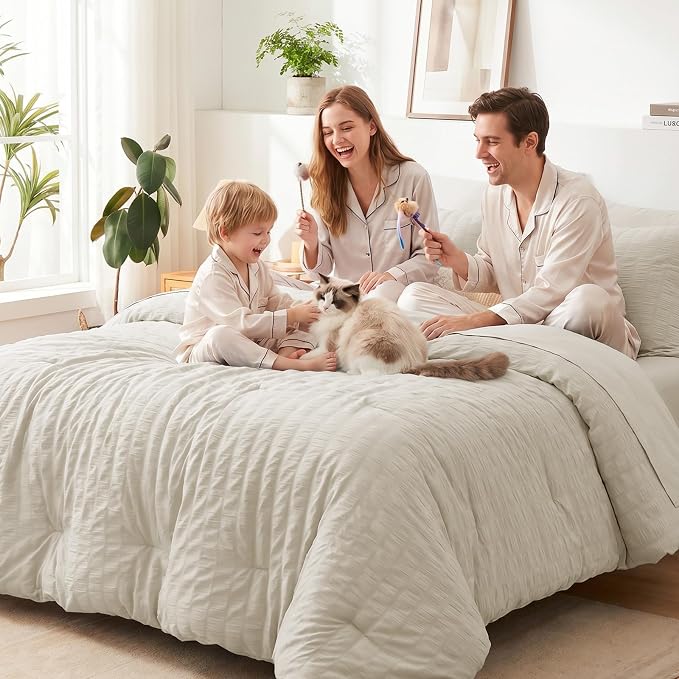 CozyLux Queen Comforter Set Oatmeal, 7 Pieces Seersucker Textured Luxury Bed in a Bag Queen, All Seasons Soft Bedding Sets with Down Alternative Comforter, Sheets, Pillowcases & Shams, Home Gift