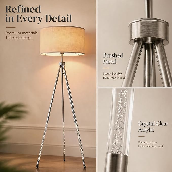 JOOFO Modern Metal Tripod Floor Lamp with Remote Control Tall Standing Decorative Corner Lamp with Oversized Linen Fabric Shade, Foot Switch for Living Room Bedroom Reading Nook Decor, Satin Nickel