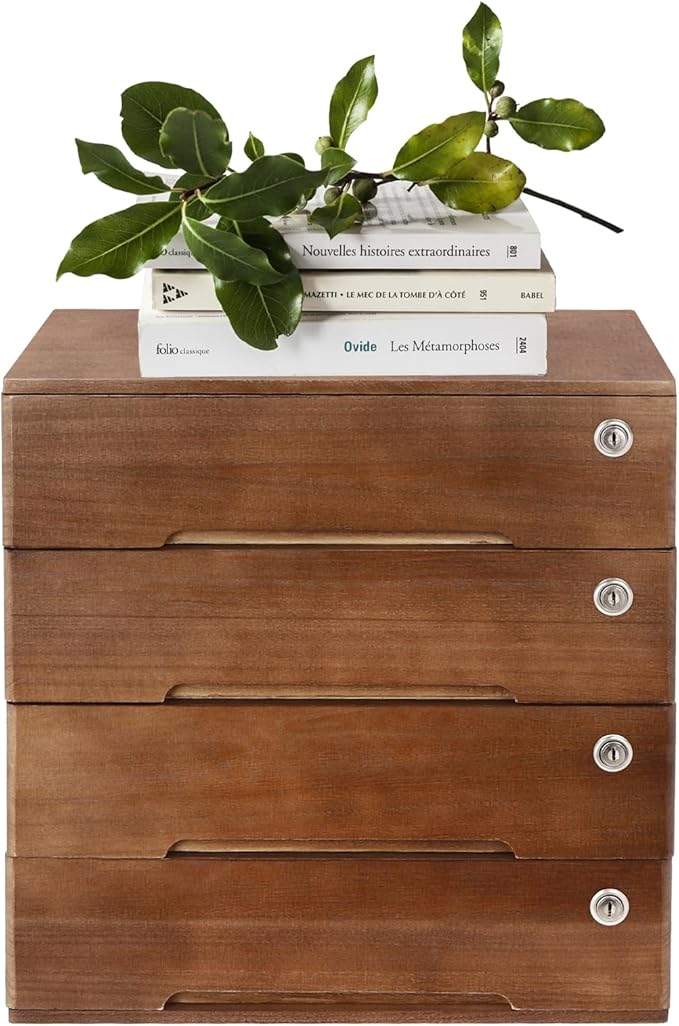 Desktop File Organizer with Lock, 2/3/4 Tier Multi-Drawer Wooden Storage Cabinet, Office Supply Organizer for Home Desk, Study & Workplace (Walnut, 4 Layers)