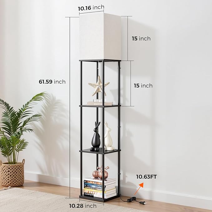 FOLKSMATE Floor Lamp with Shelves, 3-Tier Modern Square Bookshelf Floor Lamp, 3 Color Temperature Bulb Included, Black Floor Lamps for Living Room Bedroom Corner