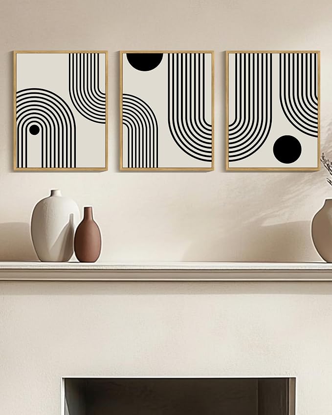 Drsoum Black Abstract Wall Art Framed Minimalist Bohemian Wall Decor Geometric Lines Artwork Hallway Bedroom Prints Ready to Hang 11x14in Natural Framed