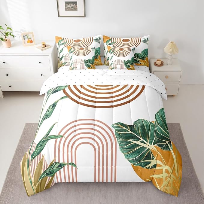 Erosebridal Mid Century Boho Bed in A Bag 7 Pcs Simple Retro Tropical Palm Leaf Comforter Set for Kids Girls Orange Pink Sun Arch Minimalist Bedding Sets Full Abstract Line Sheet Set with Comforter