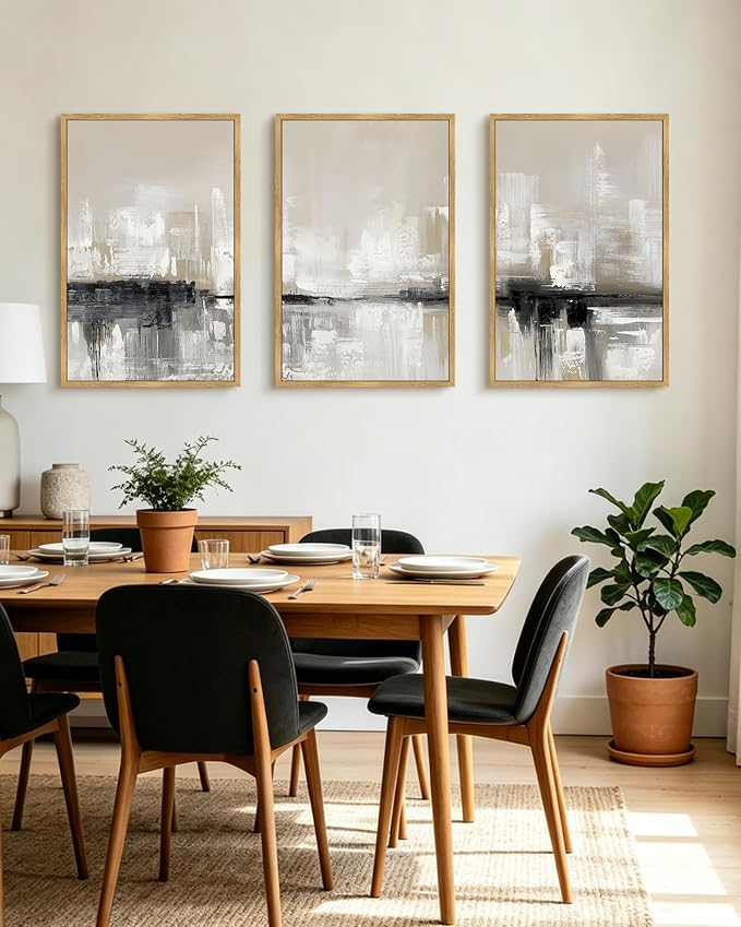 KUVIOKE Abstract Gray Framed Wall Art Neutral Brown Artwork Painting Morden Minimalist Wall Decor Rustic Home Decor 24x36in (Natural Framed)