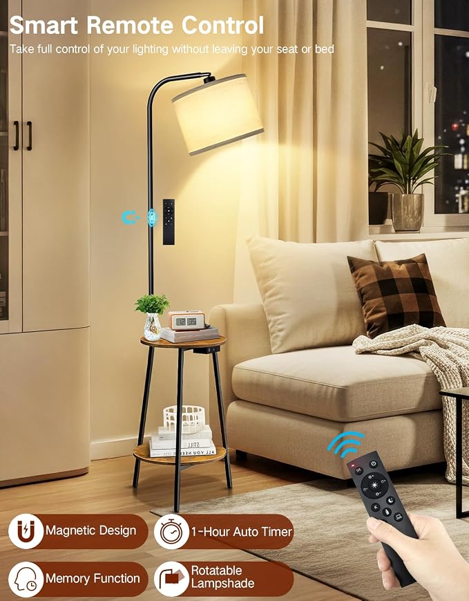 Floor Lamp with Round Table, Dimmable LED Standing Lamp with Remote, 3 Color Temperatures, Side Table with Charging Station, Space-Saving End Table for Living Room, Bedroom, Office
