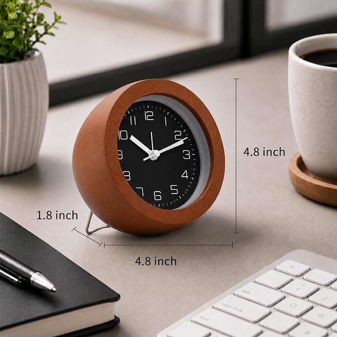 Analog Alarm Clock 5" Silent Non-Ticking Small Solid Wood Desk Clocks Battery Operated Simple Style Retro Table Clock for Office/Bedroom/Kitchen/School/Bedside/Shelf (Dark Wood, Circular)