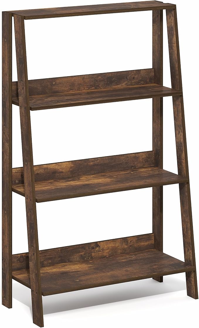Furinno Ladder Shelf, 4-Tier Ladder Book Shelf, Open Frame Design Bookcase, Standing Display Storage Shelves, Storage Rack, for Organization and Storage, Living Room, Home Office, Amber Pine