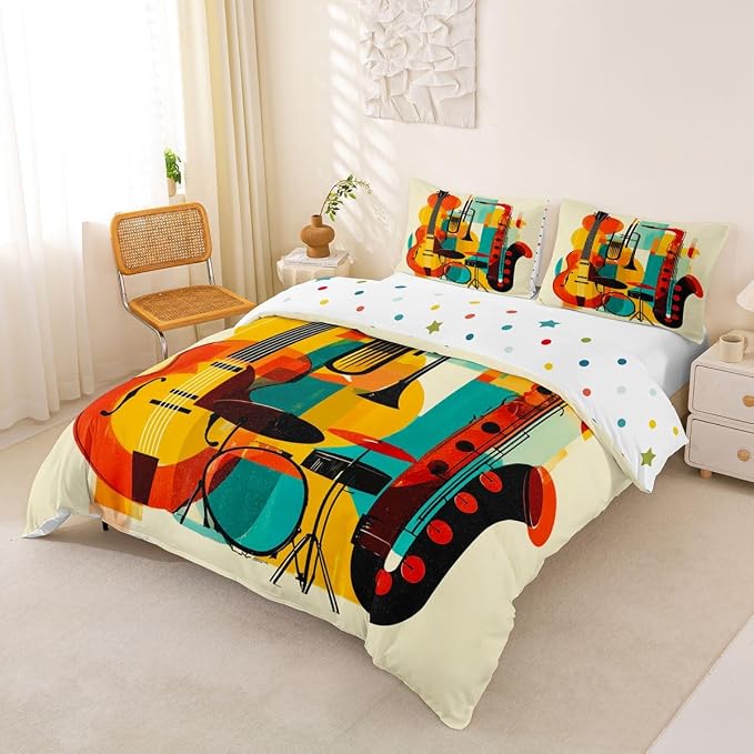 Erosebridal Retro Music Bedding Set Queen for Kids Adults - Abstract Musical Instrument Duvet Cover Mid Century Modern Jazz Comforter Cover,Trendy Geometric Square Bed Set