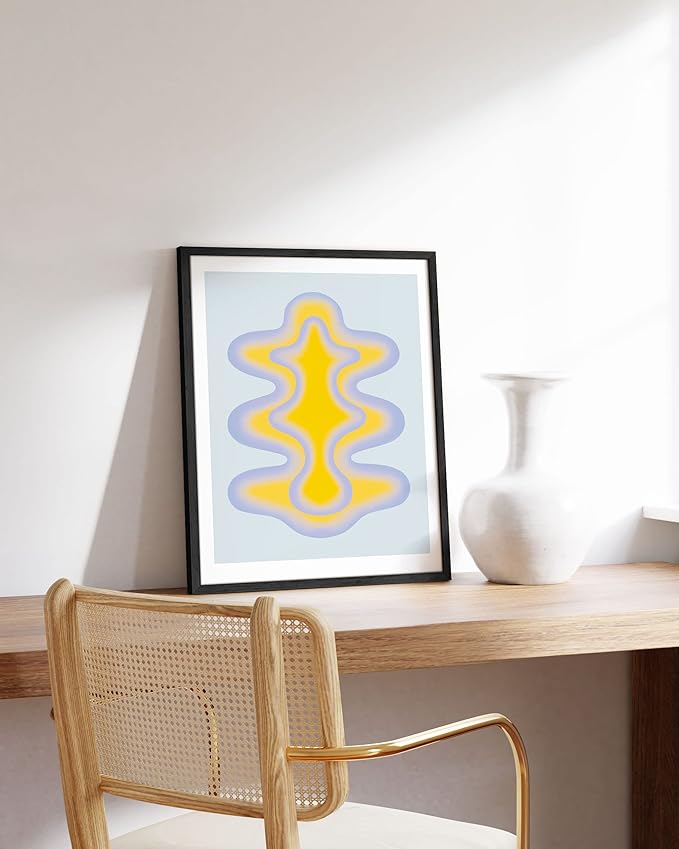 HAUS AND HUES Abstract Wall Art – Colorful Modern Prints, Blue and Yellow Shapes, Minimalist Vintage-Inspired Wall Decor (Black Frame, 16x20)