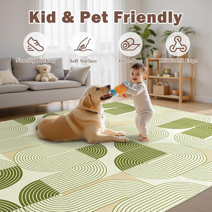 Rugs for Living Room, Soft Green Area Rug for Bedroom 5x7, Washable Mid Century Modern Rug, Non Slip Indoor Floor Boho Low Pile Abstract Carpet for Dining Room Nursery Office Home