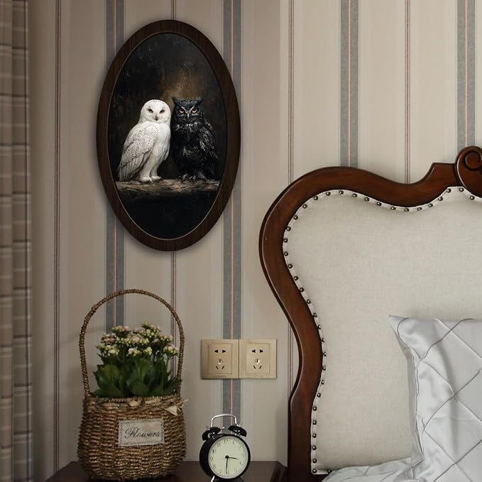 UYIKG Vintage Gothic Owl Oval Wall Art, Rustic Farmhouse Cottagecore Dark Owl Oval Wall Decor, Farmhouse Country Wooden Framed Decor for Home Bedroom Living Room 9x14.6 in