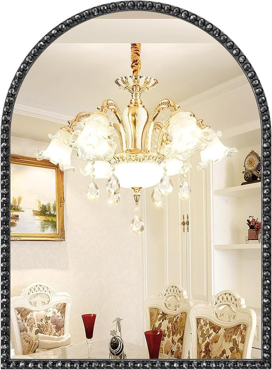 Arched Mirror for Bathroom, 24"x36" Black Arch Wall Mirror, Retro Black Metal Beaded Frame Decorative Mirror for Vanity Accent Bedroom Living Room Entryway Mantel