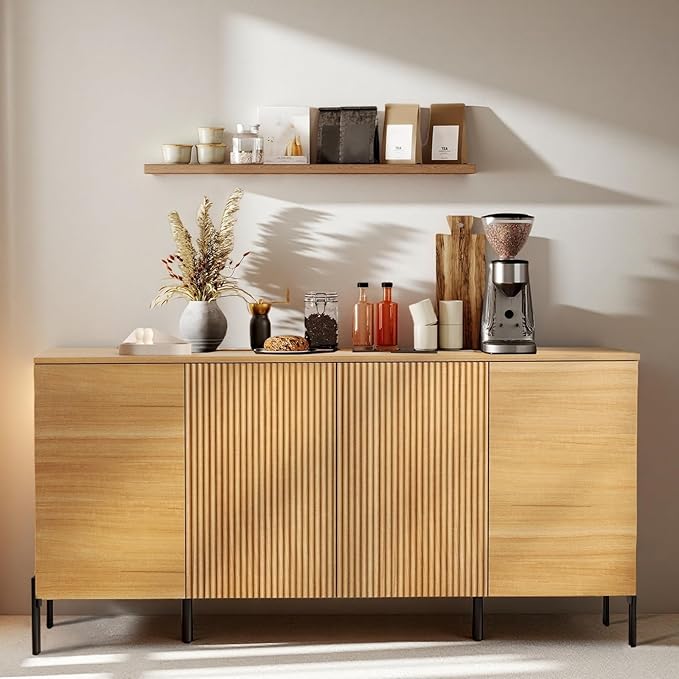 WAMPAT Fluted Buffet Cabinet with Storage, 61.5" Large Sideboard Cabinet with Storages, Modern Buffet Table Coffee Bar Wine Bar Storage Organizer with 4 Doors for Kitchen, Dining Room, Hallway, Oak