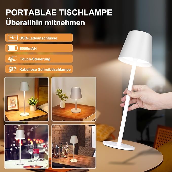 White Cordless Table Lamp 8-20 Inches Adjustable Height, 5000mAh Rechargeable Battery LED Desk Lamp, 3 Color Stepless Dimmable, Portable Waterproof Metal Table Light for Indoor/Outdoor