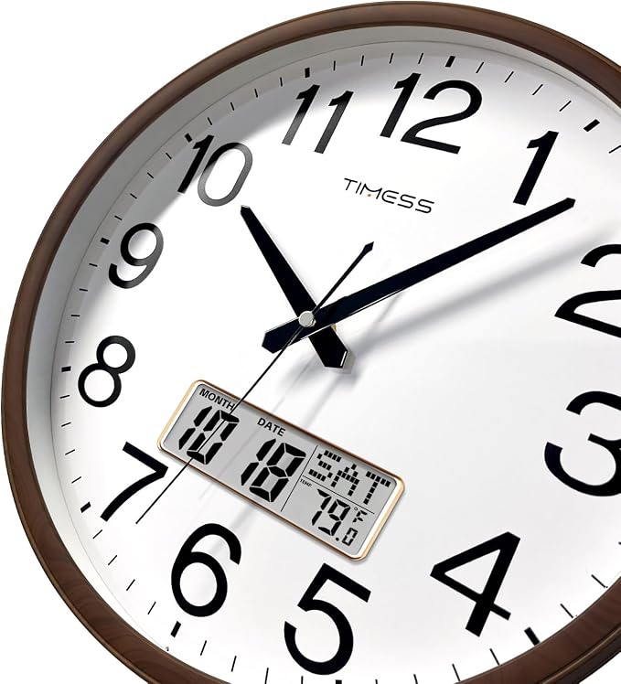 TIMESS Wall Clock, Classic Wood Style Finish, 11 Inch Non-Ticking Silent Battery Operated Quartz Analog with Perpetual Calendar and F° Temperature Display, Home, Office Décor (Wood Brown)