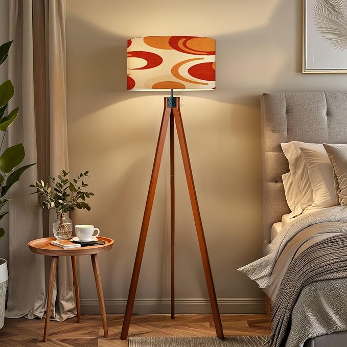 Wood Tripod Floor Lamp Wavy Swirl Psychedelic Groovy 70s 1970s Style Mid Century Orange Retro Mid Century Standing Lamp Linen Shade Dimmable Modern Tall lamp Home Decor for Living Room Bedroom Office