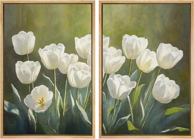 IDEA4WALL Framed Canvas Print Wall Art Set White Tulip Floral Botanical Bloom Illustrations Modern Art Decorative Bohemian Calm/Zen for Living Room, Bedroom, Office - 24"x36"x2 Natural