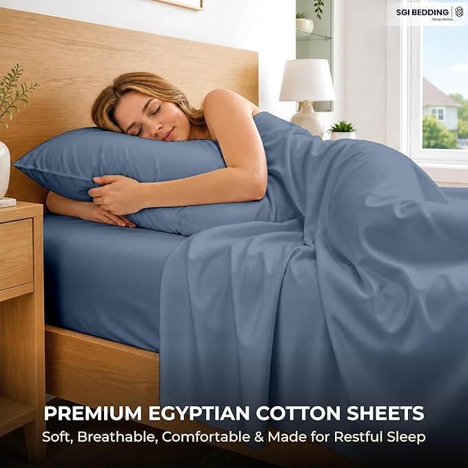 SGI bedding RV Short Queen Sheet Set 60x75, 600 TC Egyptian Cotton, 4 Piece Luxury Hotel Collection, Ultra Soft & Breathable, Fits RV Mattress Camper & Trailer, 15 Inch Pocket, Mediterranean Blue