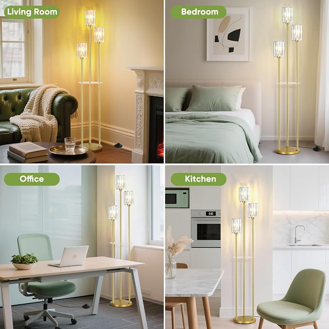 Crystal Floor Lamps for Living Room, Glass Modern Floor Lamp with Shelves, Mid Century Standing Lamps with Table, Brass Tall Lamp with Crystal Shade Vintage Retro Corner Floor Lamp (K9 Crystal Gold)