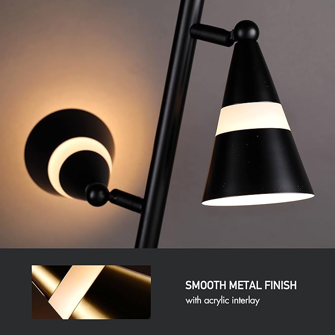 O’Bright Ash - 3-Light LED Tree Floor Lamp, Dimmable 3-Head LED, Multidirectional Standing lamp, Adjustable Multi-Shade, Swivel Cone Floor Lamp for Living Room, Bedroom, Black
