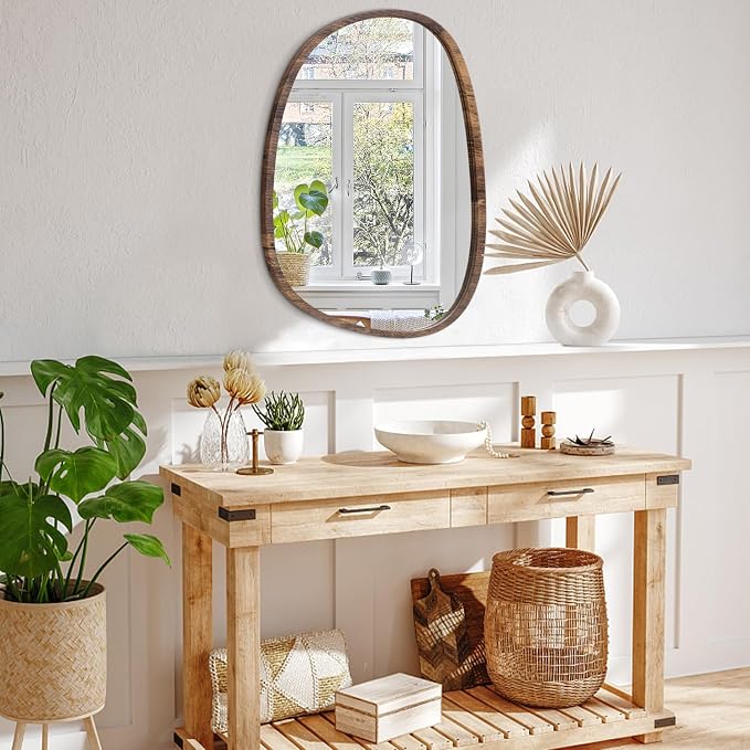 Asymmetrical Wall Mirror with Wood Frame Irregular Modern Hanging Mirror for Wall for Vanity Living Room Bedroom Bathroom Entryway Hallway Modern Unique Decorative Artistic Mirror