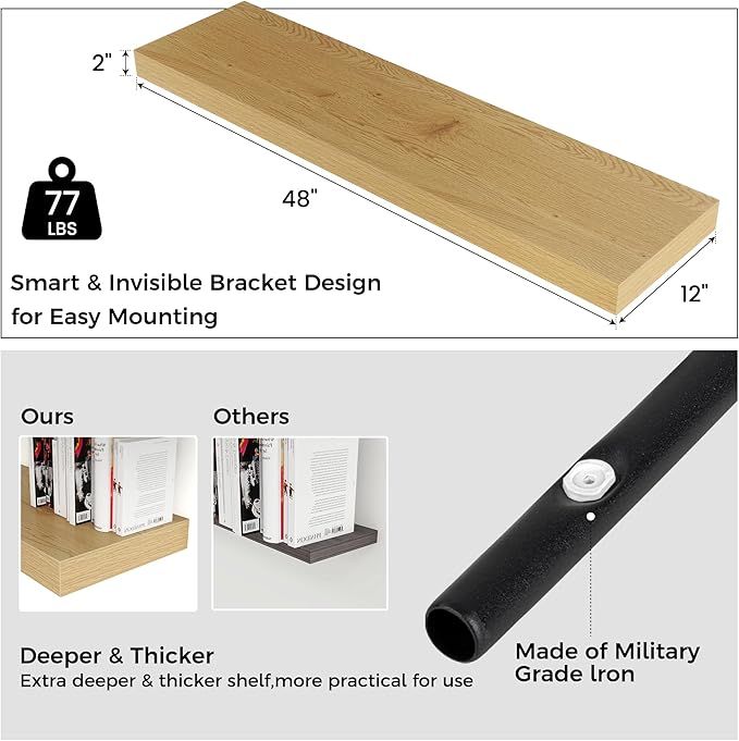 Floating Shelves for Wall, 48" W x 12" D x 2" H, 2 Pack of Long Wall Mounted Engineered Wood Shelves with Invisible Brackets for Living Room, Bedroom, Bathroom, Kitchen Decor, Oak