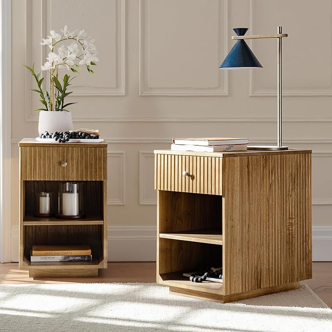 HULALA HOME Mid-Century Modern End Table with Drawer and Open Shelves, Solid Paulownia Wood Side Table, Brass Knob, No Assembly Required(Set of 2, Acorn)