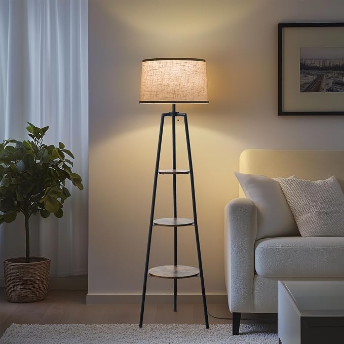 EOEYYOYB 3 Tier Shelf Floor Lamps for Living Room, Modern Standing Lamp with 3 Color Temperature Led Bulb, Tall Lamps for Bedroom and Office, Vintage Yellow