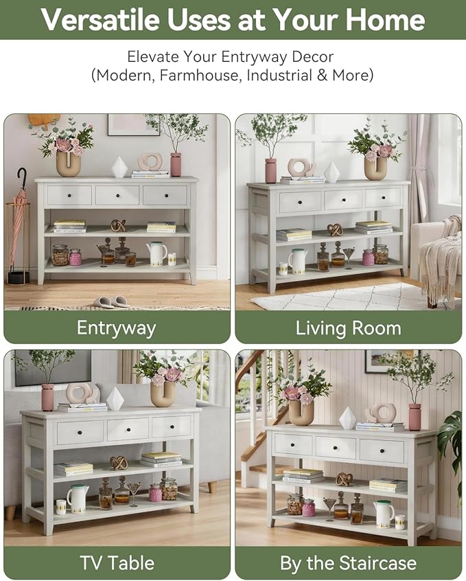 Karl home Console Table Entryway Desk, Sofa Side Table with 3 Drawers 2 Bottom Storage Shelves, Vintage TV Stand for Hallway Living Room Office, Antique White 29.9" H