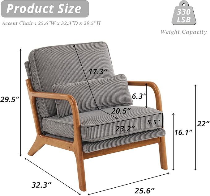 Karl home Mid-Century Modern Accent Chair, Living Room Chairs with Pillow Corduroy Upholstered Lounge Armchair with Solid Wood Frame & Soft Cushion for Bedroom, Reading Room, Gray