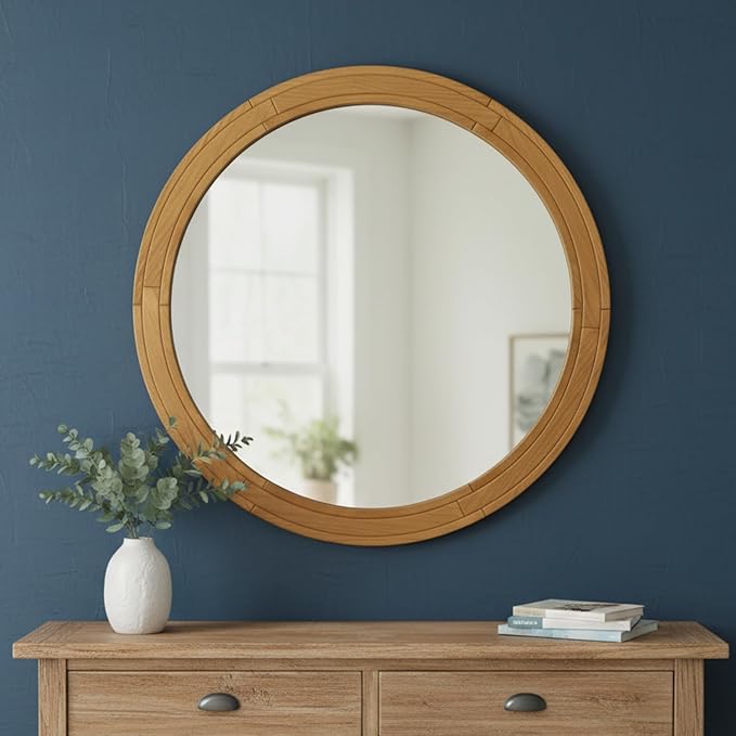 ZIYOO 30 Inch Round Wood Wall Mirror, Farmhouse Rustic Circle Mirror, Wall Mounted Decorative Mirror for Bathroom Vanity, Living Room, Entryway, Bedroom, Vanity, Hallway