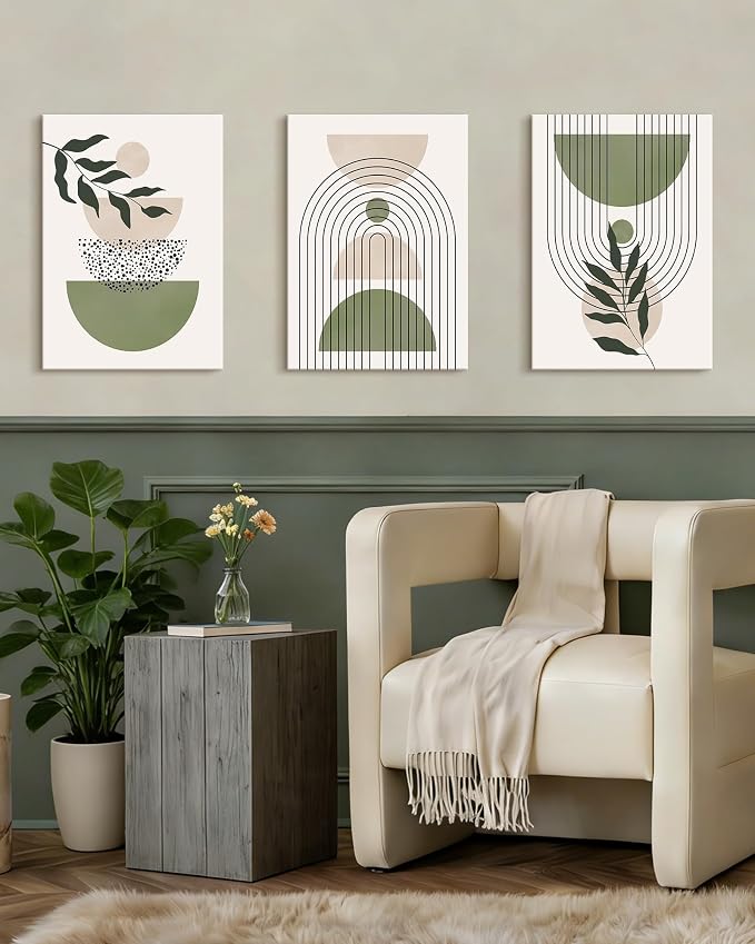 Drsoum Green Botanical Boho Wall Art Framed Modern Sage Bohemian Plant Wall Decor Abstract Geometry Lines Prints Ready to Hang 12x16in Framed