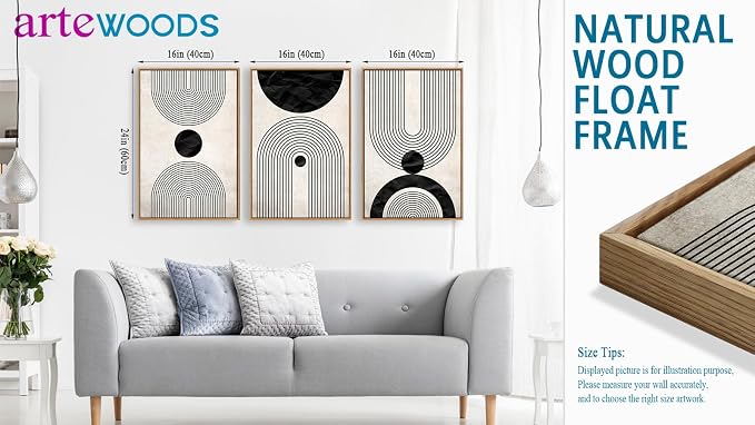 Framed Wall Art Canvas Set Mid Century Boho Pictures Modern Abstract Geometric Wall Decor Minimalist Black Beige Bohemian Canvas Painting Artwork for Living Room Bedroom Office 16"x24"x3 Natural