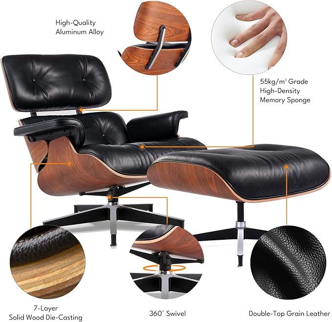 Black PU Leather,Mid Century Chaise Lounge Chair Indoor, Chair with Ottoman, Reading Chair, Leather Accent Chair, Modern Arm Chair, Classic Design, Heavy Duty Base Support for Living Room, Palisander