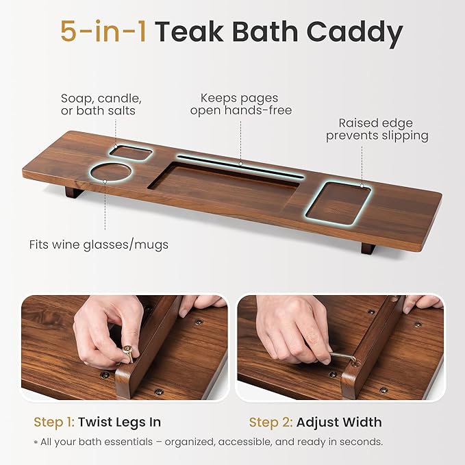 Teak Wood Bathtub Tray Caddy, 35 Inch Adjustable Bath Tub Tray for Freestanding Tubs, with Non-Slip Phone & Wine Glass Holder, Book Stand for Relaxing Bath