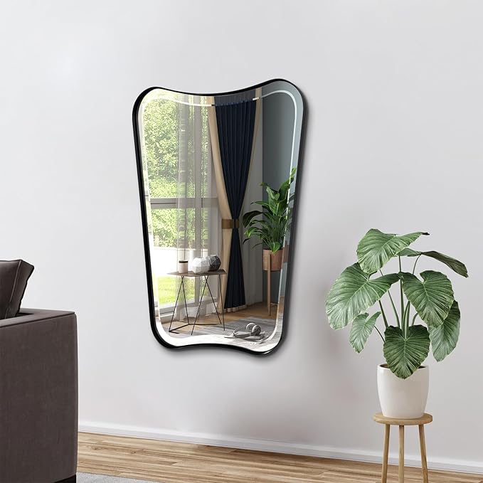 POZINO Vanity Beveled Mirror, 22"x30" Matte Black Rectangle Bathroom Mirror for Over Sink, Modern Irregular Shaped Decorative Mirrors for Bedroom Living Room Entryway Hallway Fireplace