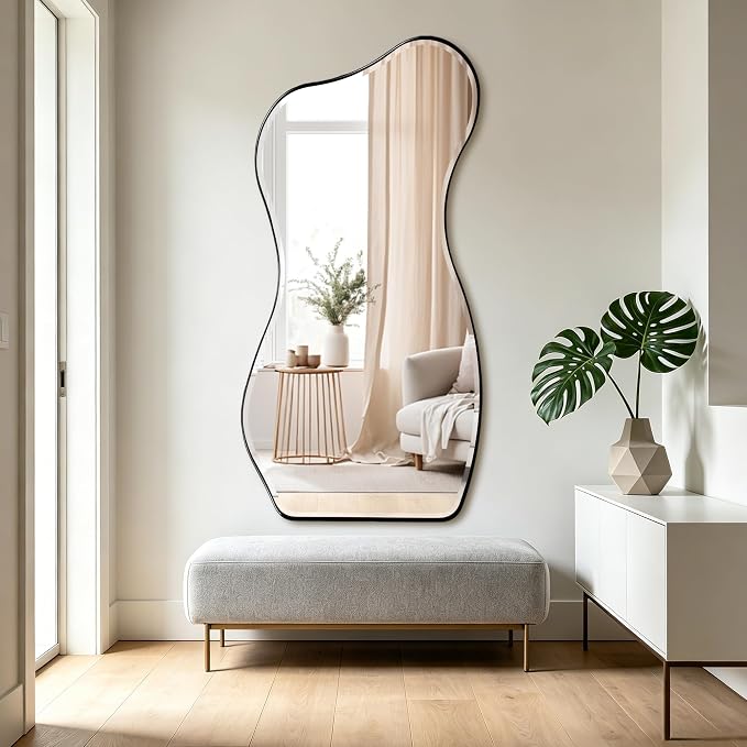 POZINO Large Irregular Beveled Mirror, 63"x32" Asymmetrical Wall Mirror with Metal Frame, Full Length Organic Floor Mirrors for Entryway Living Room Cloakroom Hallway, Leaning/Wall-Mount