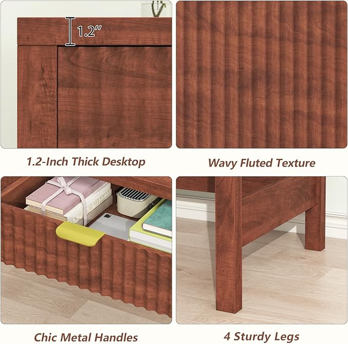 YOMILUVE Fluted Computer Desk with 2 Drawers, 39 Inch Small Computer Desk with Storage, Compact Writing Study Desk for Small Spaces, Red Walnut