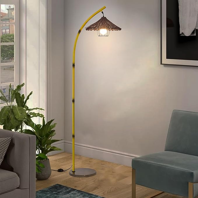 beaysyty Bamboo Floor lamp Mid Century Rattan Retro Floor lamp Bohemian,Arc Floor Lamps for Living Room Tall Reading Lamps Antique Rattan Style for Bedroom Dining Room Farmhouse Study (Yellow)