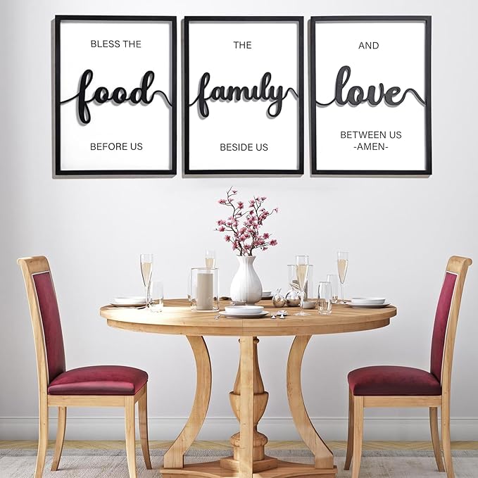 3D Wood Bless The Food Before Us Wall Decor, 36" x 16" Framed Kitchen Wall Art for Dining Room Wall Decor(Ready to Hang, 12x16 inches, Set of 3, Framed)