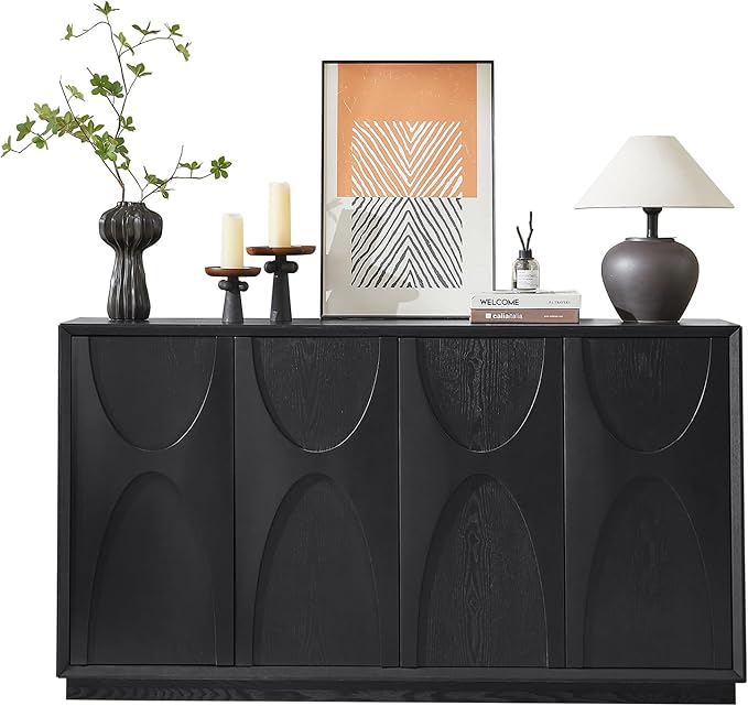 59" Sideboard Buffet Cabinet with Storage, Mid-Century Modern Solid Wood Veneer Buffet Sideboard Accent Credenza with Adjustable Shelves for Living Room Kitchen Hallway (Black)