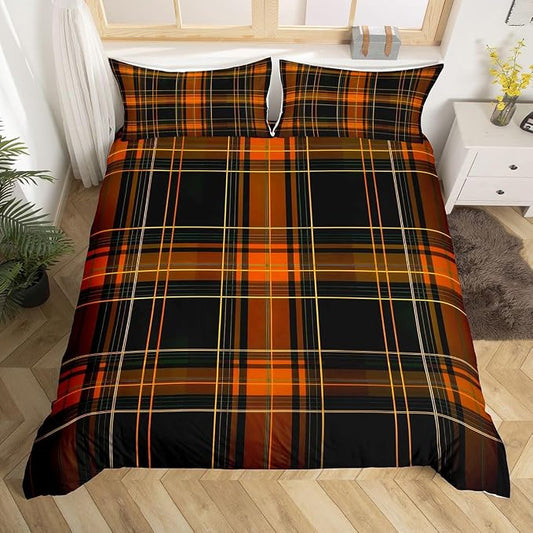 Erosebridal Orange Black Geometric Duvet Cover Queen Grid Checkered Bedding Set for Kids Teens Rustic Farmhouse Cabin Decor Bedspread Cover Retro Stripes Lines Bed Set with Zipper